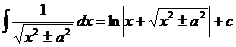 ಅವಿಭಾಜ್ಯ (1 / ಚದರ (x ^ 2 + - a ^ 2) * dx) = ln (abs (x + sqrt (x ^ 2 + - a ^ 2)) + c